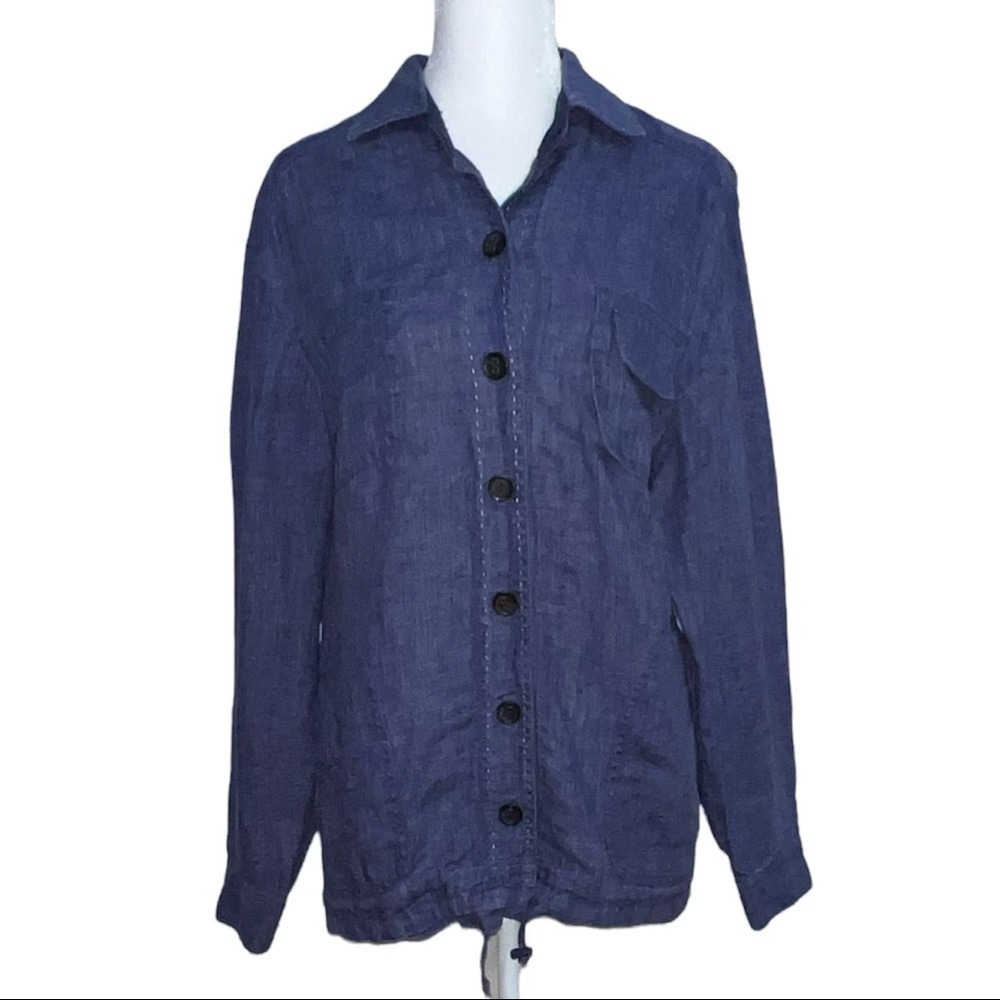 Coldwater Creek Linen Button Down Shirt Womens Medium Blue Drawstring Utility